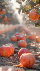 Canvas Print - A row of apples are on the ground, with some of them being ripe. The apples are scattered throughout the scene, with some closer to the foreground and others further back. Scene is one of abundance