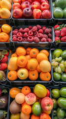 Wall Mural - A variety of fruits are displayed in a market, including apples, oranges, and grapes. The fruits are fresh and colorful, creating a vibrant and inviting atmosphere