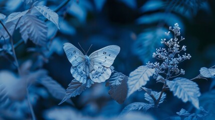 Wall Mural - A white butterfly with intricate patterns perches gracefully on top of a green leafy plant in a natural setting