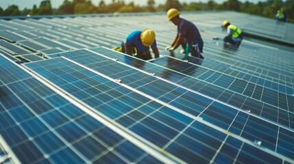 As the day progresses more panels are installed onto the finished frames creating a sea of shimmering solar panels. Workers diligently . .