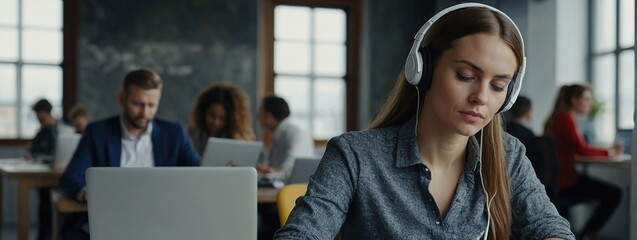 Young Project Manager with Headphones Working on Laptop Computer in Creative Office Environment, Beautiful Female Specialist is Writing Business Strategy, Using Digital Tablet to Take Notes