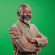 © mindstorm - lifestyle photo Happy, arms crossed and portrait of man on green screen for confident, fashion and elegant African American.