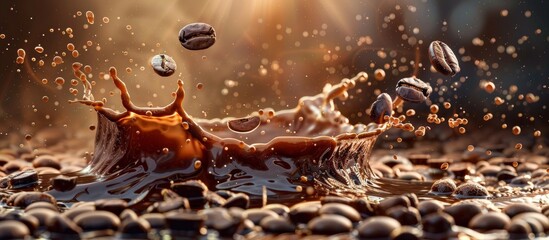Wall Mural - A close up of a liquid splash with coffee beans and coffee beans