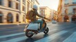 A person is seen riding a scooter on a bustling city street, navigating through traffic with focus and skill
