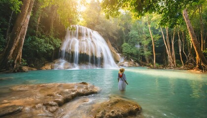 Wall Mural - beautiful nature scenic landscape erawan waterfall in deep tropical jungle rain forest attraction fa