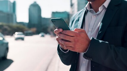 Aufkleber - City, texting and smartphone for businessman, urban and typing for social media or communication. Hands, mobile and online for conversation on phone, chat and networking or connection for business
