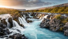 wonderful summer view of bruarfoss waterfall secluded spot with cascading blue waters great sunset in iceland europe beauty of nature concept background