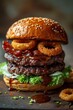 classic cowboy burger, a single slice of meat, iceberg lettuce, brown sauce dripping from the side and bacon on top of the burger, fried onion rings and green paprika