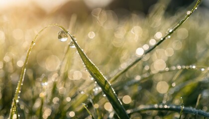 Wall Mural - beautiful water drop on grass sparkles in the sunlight on nature close up macro fresh juicy green grass in droplets of morning dew outdoors