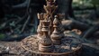Close-up of a beautifully carved chess queen in a standoff against a shadowy king, tension palpable in the air. ::2 --chaos 10 --ar 16:9 Job ID: 284a4951-e1a7-4f85-947c-a4931af5323c