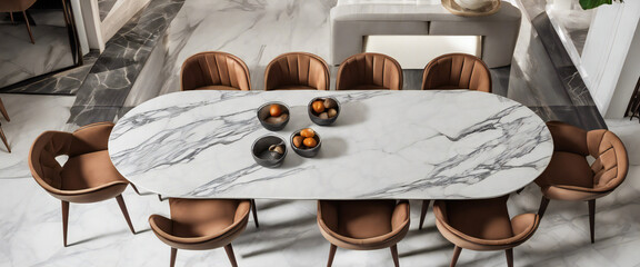 Top view of marble dining table with chairs