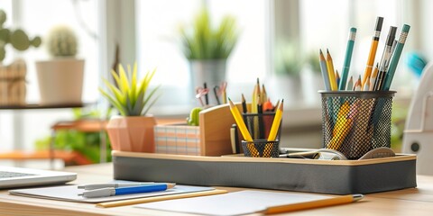 Poster - Desk organizer with pens and stationery, neat workspace, close-up, soft light 