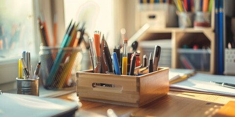 Canvas Print - Desk organizer with pens and stationery, neat workspace, close-up, soft light 