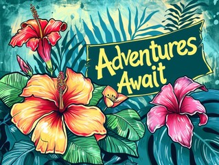 Painting of vibrant exotic flowers alongside a sign that says 