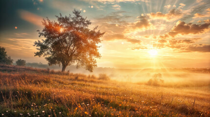 Wall Mural - Foggy morning in the meadow with lonely tree and sun rays