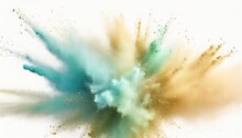Blue Powder Explosion Isolated On White Abstract Dust Explosion On White Background Freeze Motion Of Green Powder Splash For Holidays And Festivals
