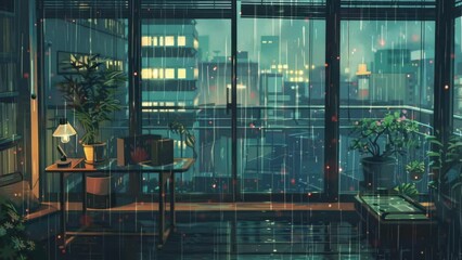 Wall Mural - A rainy day can be seen from the window, thematic high-quality wallpapers, raindrops on the insole, sadness, aesthetics, calmness, peace, umbrellas, a modern apartment, a panoramic window,plant. AI.