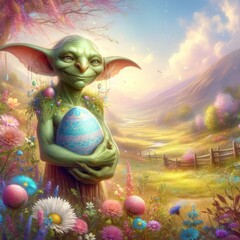 Wall Mural - green goblin with egg  Easter landscape