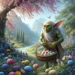 Wall Mural - green goblin with basket Easter landscape