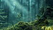 Futuristic forest with realistic frog and beautiful details in dark green and grey colors