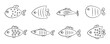 Cartoon fish contour outline drawing isolated cutout black and white vector clipart illustration set. Underwater doodles line art design elements. Sea life nature pictogram, logo or icon collection.