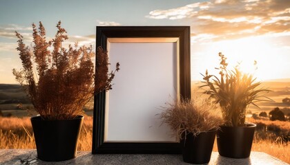 Wall Mural - plants in a black frame with an empty mockup