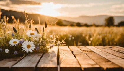 Wall Mural - wildflowers and wooden table background created with generative ai technology