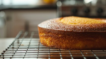 The cake cooling on a wire rack, hinting at the baking process and homemade nature