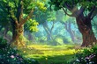 A serene, enchanted woodland glade with towering fairytale trees, lush foliage, and magical creatures, Digital Painting