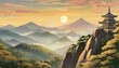 illustration of japanese style mountains forest and hilly terrain depicts nature in asian culture the times of samurai moon rocks and the land of the rising sun generative ai