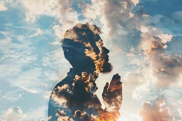 Wall Mural - Double exposure of praying man and cloudy sky with light, spiritual background