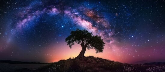 Poster - a lone tree on a hill with a bright sky