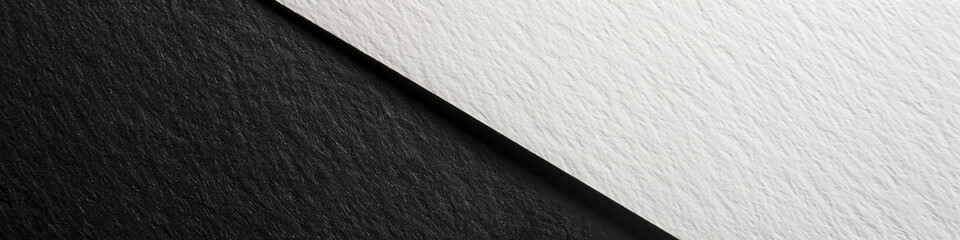 Detailed close-up of textured black and white paper with a sleek border. Banner. Copy space.