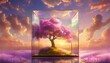 fantasy world futuristic fantasy with of the sky and pink clouds purple tree in transparent box for romance on surreal beautiful dream land background generated ai
