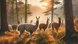 illustration of llamas with their flocks in the forest