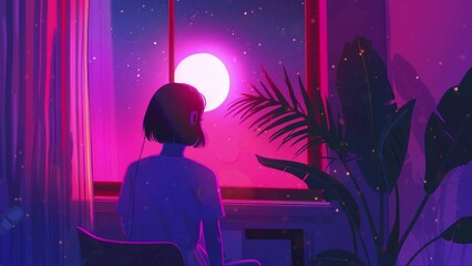 Wall Mural - Neon in lofi style. A girl listens to music at night and looks out the window at the night starry cosmic sky. Lofi