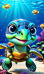 Wall Mural - cute little blue-green cartoon sea ââturtle, big round kind eyes, big head, neck, four flippers,