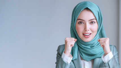 Wall Mural - Arab Business Woman in green suit celebrate win, smile and raised hands