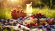 A shortcake on a checkered picnic blanket with a basket overflowing with fresh berries in the background. Include a glass of lemonade for a refreshing touch.