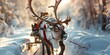 Reindeer pulling a sleigh, close-up on the antlers and harness, soft winter morning light, magical journey