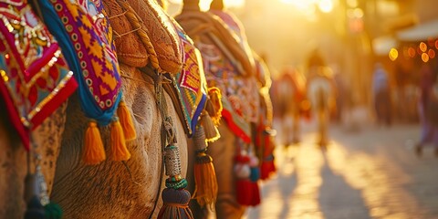 Wall Mural - Camel caravan at sunset, close-up on the decorated saddles, warm golden light, ancient trade routes vibe