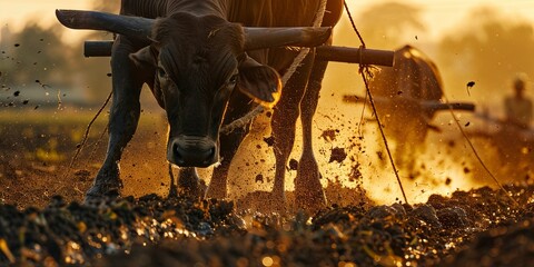 Poster - Oxen plowing fields, close-up on the yoke and muscles, golden hour light, essence of rural life and labor 