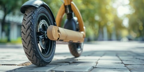 Wall Mural - Eco-friendly scooter with bamboo frame, close-up detail, soft natural light, sustainable urban transport 