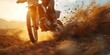 Dirt biker kicking up dust at sunset, warm tones, extreme close-up, intense action focus