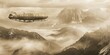 Vintage airship gliding over misty mountains, sepia tone, detailed texture focus, nostalgic and majestic 