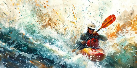 Canvas Print - Kayaker navigating through rapids, spray detail, vibrant water color, high energy and thrill