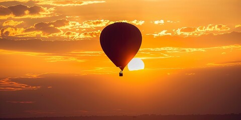 Canvas Print - Sunset behind a silhouette of a hot air balloon, warm golden light, close up, tranquil serene sky