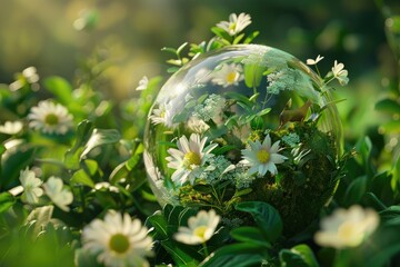 Green planet with green grass and flowers on blurred nature background. Ecology concept