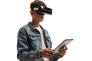Poster - young man with short hair and AR glasses is doing design work on a tablet. Referring to AR technology and working in the new era.Isolated on a transparent background.
