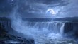 Horseshoe Falls Moonlit Magic, Illustrate the enchanting beauty of Horseshoe Falls illuminated by the soft glow of the moon, casting a magical light over the misty waters